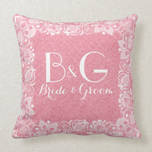 Coral-Red Linen & White Lace Frame Cushion