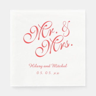 Coral Red Mr. and Mrs. | Wedding Paper Napkins
