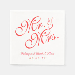 Coral Red Mr. and Mrs. Wedding Paper Napkins