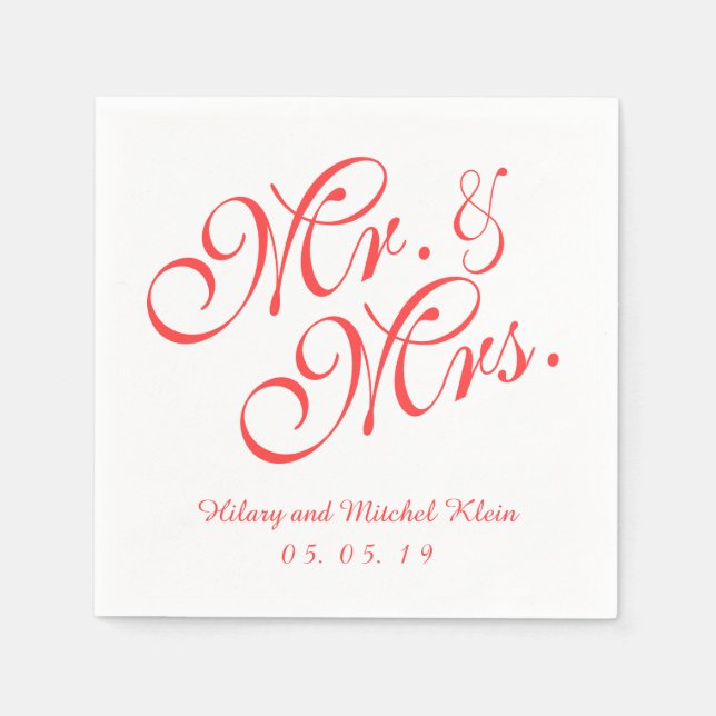 Coral Red Mr. and Mrs. Wedding Paper Napkins (Front)