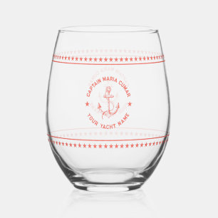 Coral Red Nautical Boat Anchor Coral Red Stars Stemless Wine Glass