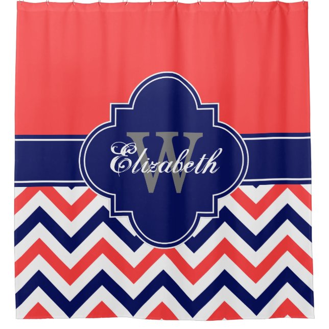 Coral Red Navy Blue LG Chevron 1ICBR Name Monogram Shower Curtain (Front)