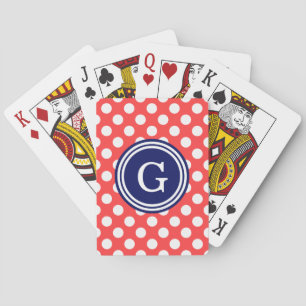 Coral Red Navy Blue White Polka Dots 1IR Playing Cards