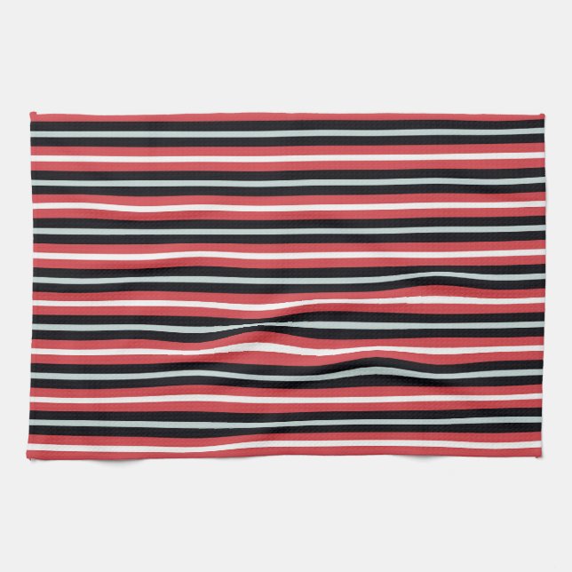 Coral Red Navy Blue White Stripes Tea Towel (Horizontal)