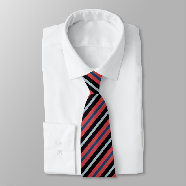 Coral Red Navy Blue White Stripes  Tie (Tied)