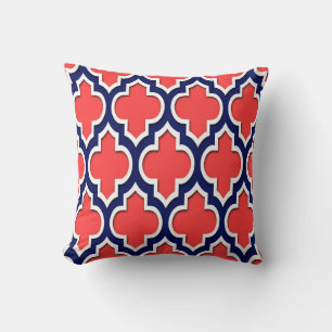 Coral Red Navy White Moroccan Quatrefoil #4DS Cushion