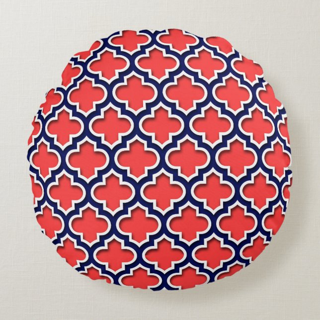 Coral Red, Navy White Moroccan Quatrefoil #5DS Round Cushion (Front)