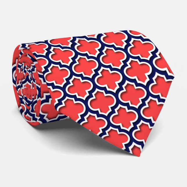 Coral Red, Navy White Moroccan Quatrefoil #5DS Tie (Rolled)