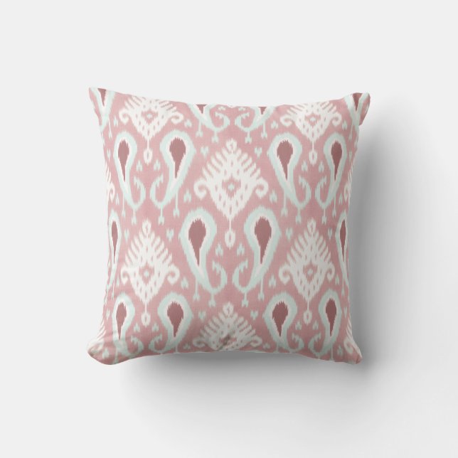 Coral Red Pastel Seafoam Green Ikat Tribal Pattern Cushion (Front)
