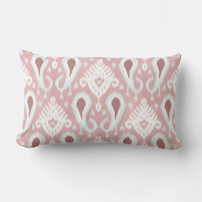 Coral Red Pastel Seafoam Green Ikat Tribal Pattern Lumbar Cushion (Front)