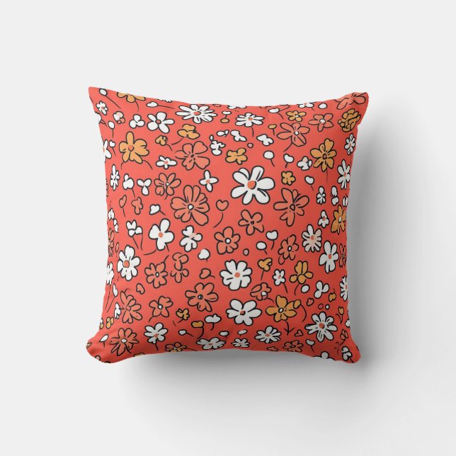 Coral Red Pillow with White and Pink Flowers (Front)