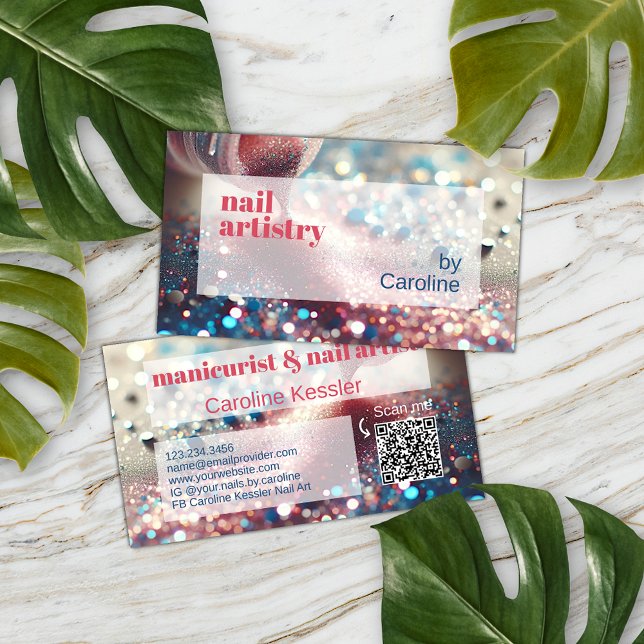 Coral Red Pink Aqua Dark Blue Glitter Nail Polish Business Card (Creator Uploaded)