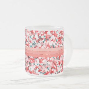 Coral Red Pink Stripes over Crystal Pattern Frosted Glass Coffee Mug