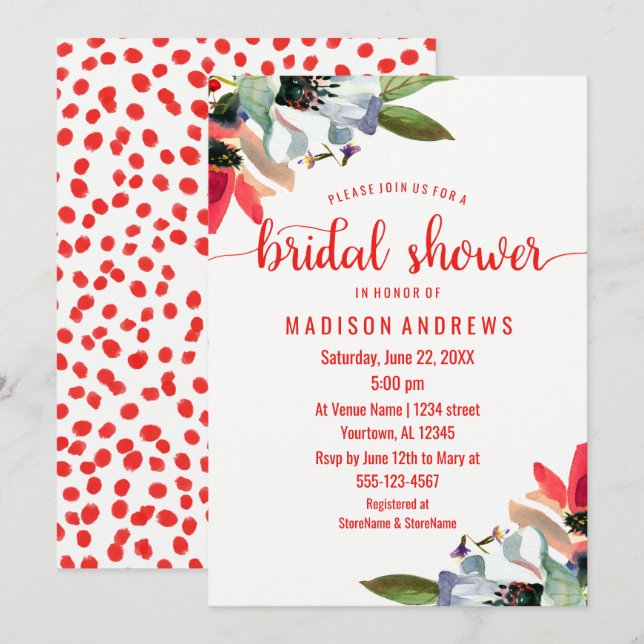 Coral Red Poppy Floral Bridal Shower Invitation (Front/Back)