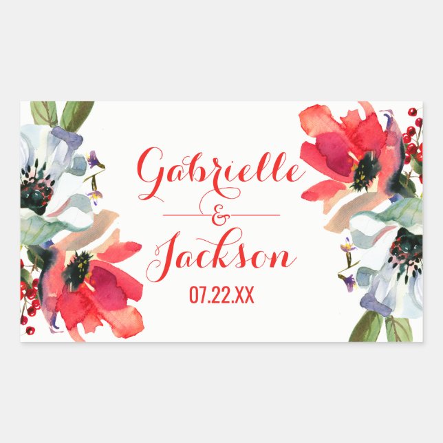Coral Red Poppy Floral Wedding Monogram Rectangular Sticker (Front)