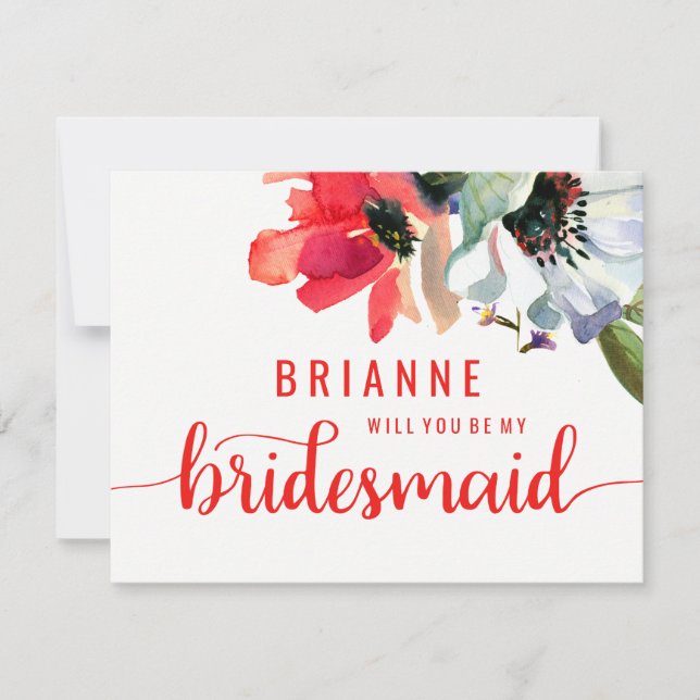 Coral Red Poppy Floral Will You Be My Bridesmaid Invitation (Front)