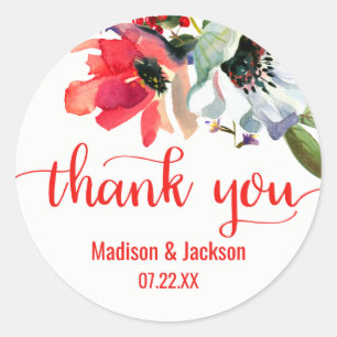 Coral Red Poppy Watercolor Floral Wedding Favour Classic Round Sticker