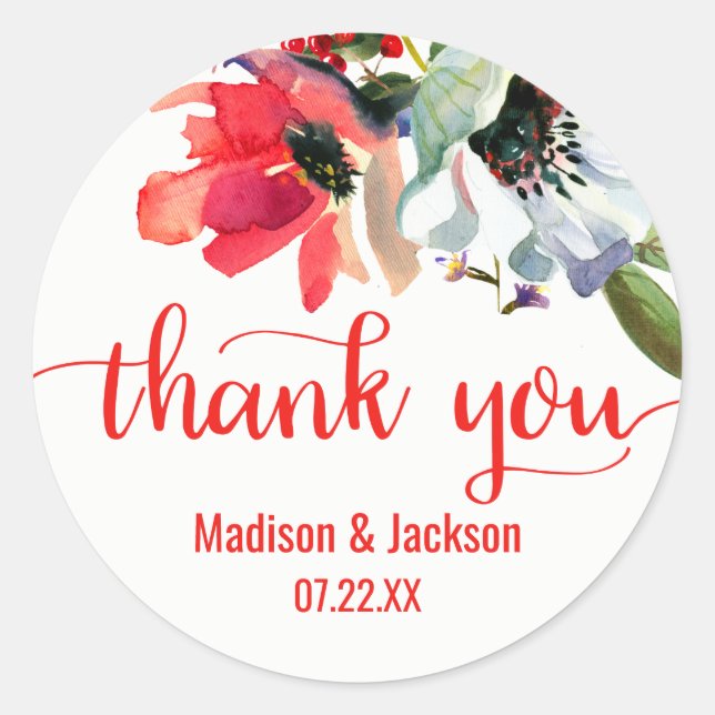 Coral Red Poppy Watercolor Floral Wedding Favour Classic Round Sticker (Front)