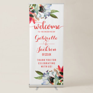 Coral Red Poppy Watercolor Floral Wedding Welcome Retractable Banner