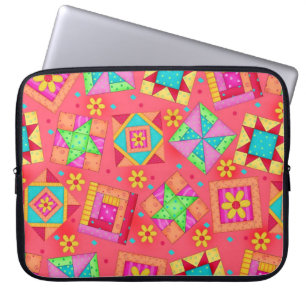 Coral Red Quilt Block Art Laptop Sleeve