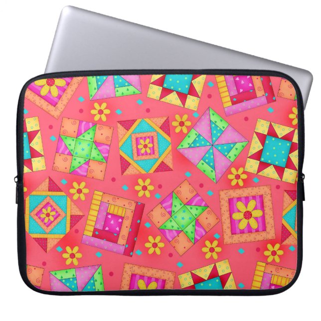 Coral Red Quilt Block Art Laptop Sleeve (Front)