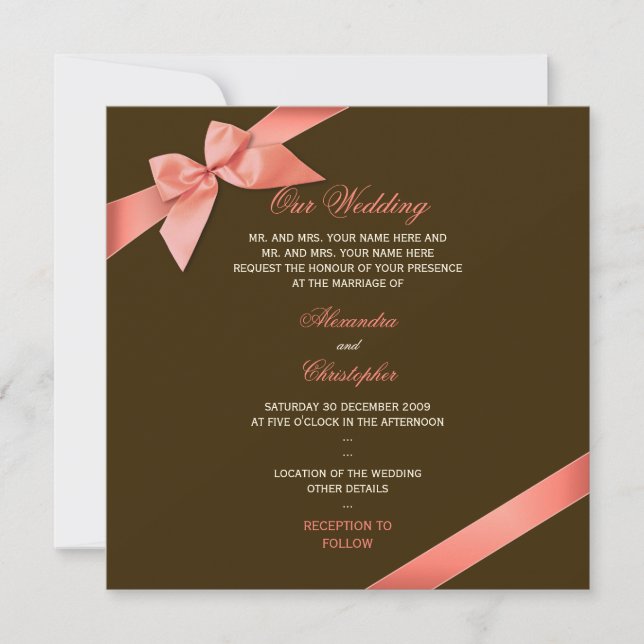 Coral Red Ribbon Wedding Announcement 2 (Front)