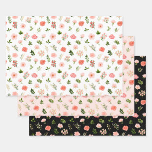 Coral Red Roses and Foliage Pattern Wrapping Paper Sheet