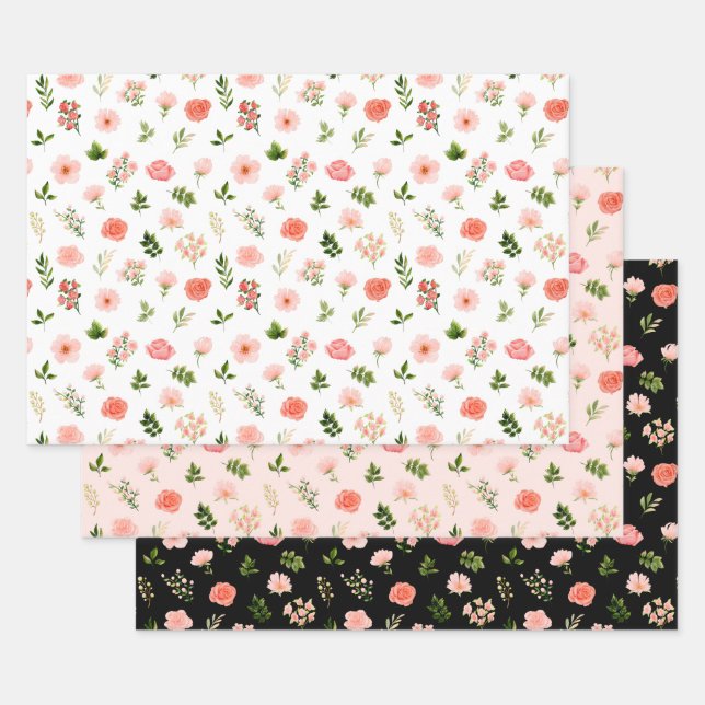 Coral Red Roses and Foliage Pattern Wrapping Paper Sheet (Set)