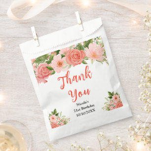 Coral Red Roses Birthday Thank You Favour Bags