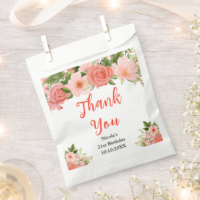 Coral Red Roses Birthday Thank You Favour Bags (Clipped)