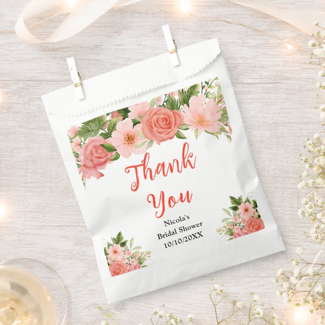 Coral Red Roses Bridal Shower Thank You Favour Bags (Clipped)