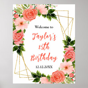Coral Red Roses Floral Birthday Party Welcome Sign