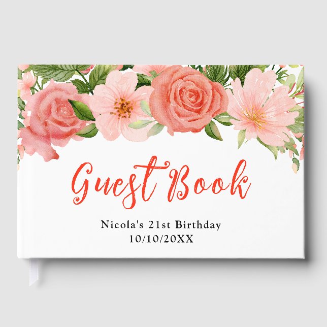 Coral Red Roses with Foliage Birthday Guest Book (Front)