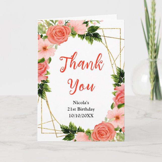 Coral Red Roses with Foliage Birthday Thank You Card (Front)