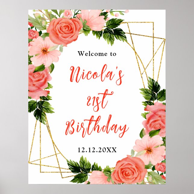 Coral Red Roses with Foliage Birthday Welcome Poster (Front)
