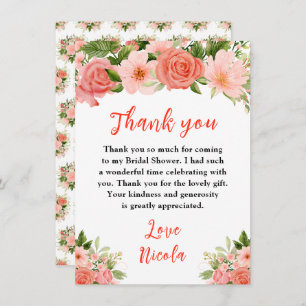 Coral Red Roses with Foliage Bridal Shower Thank You Card