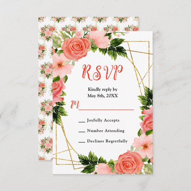 Coral Red Roses with Foliage RSVP Card (Front/Back)