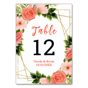 Coral Red Roses with Foliage Table Number
