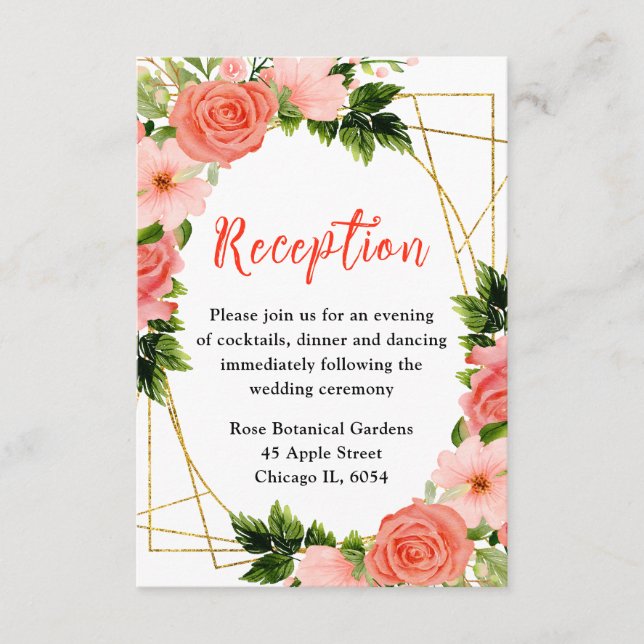 Coral Red Roses with Foliage Wedding Reception Enclosure Card (Front)