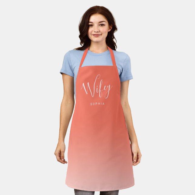 Coral red simple personalised wifey apron (Worn)