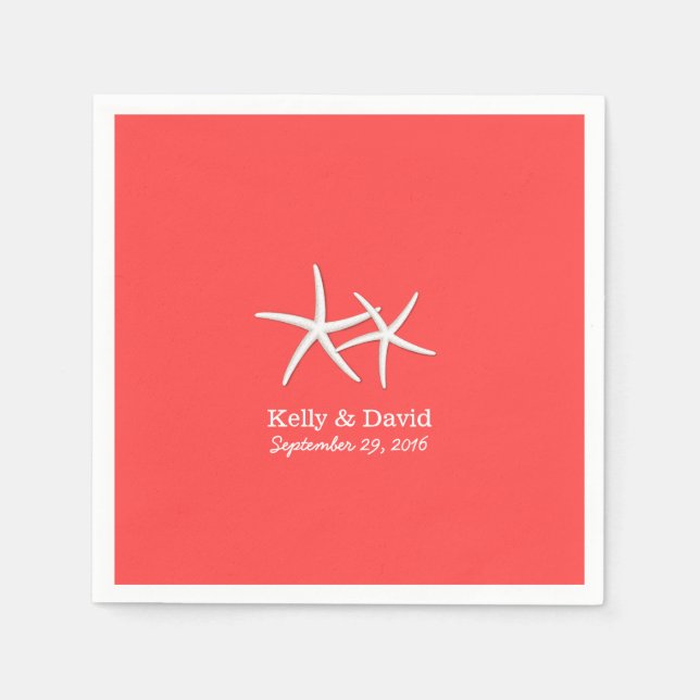 Coral Red Starfish Beach Wedding Napkin (Front)