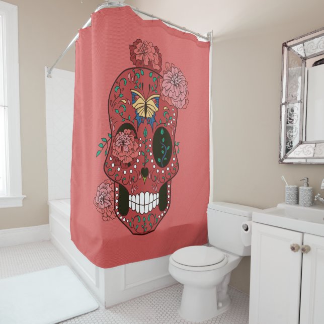 Coral Red Sugar Skull with Marigolds and Butterfly Shower Curtain (In Situ)