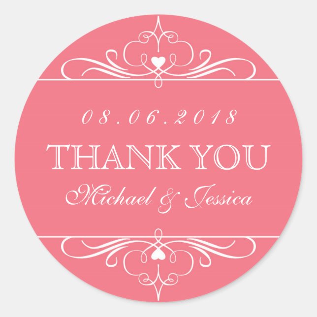 Coral Red Swirl Floral Ornament Wedding Sticker (Front)