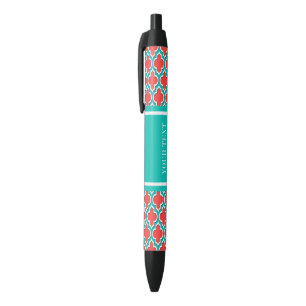 Coral Red, Teal Moroccan #4DS Teal Name Monogram Black Ink Pen