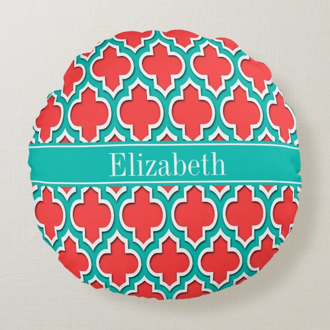 Coral Red, Teal Moroccan #4DS Teal Name Monogram Round Cushion (Front)