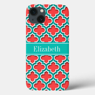 Coral Red, Teal Moroccan #5DS Teal Name Monogram iPhone 13 Case