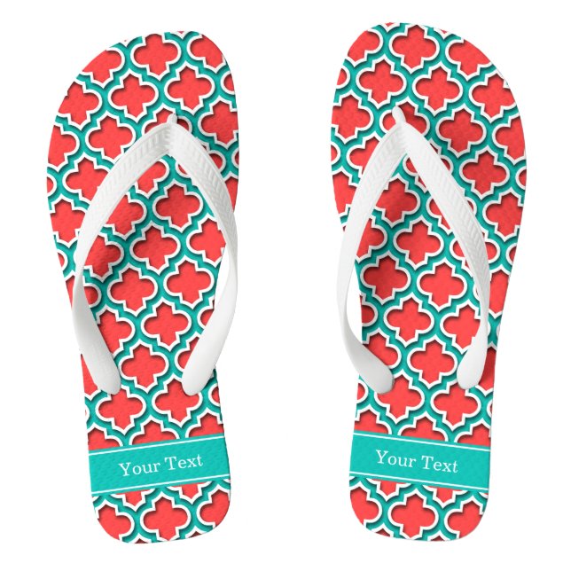 Coral Red, Teal Moroccan #5DS Teal Name Monogram Flip Flops (Footbed)