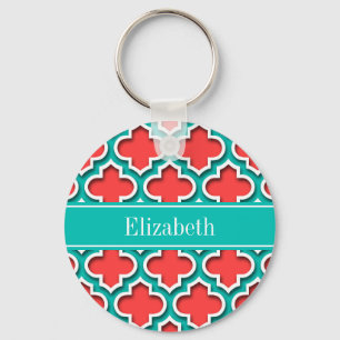 Coral Red, Teal Moroccan #5DS Teal Name Monogram Key Ring