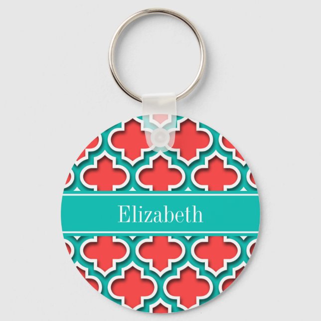Coral Red, Teal Moroccan #5DS Teal Name Monogram Key Ring (Front)