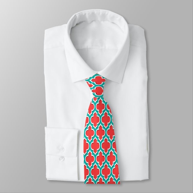 Coral Red Teal White Moroccan Quatrefoil #4DS Tie (Tied)